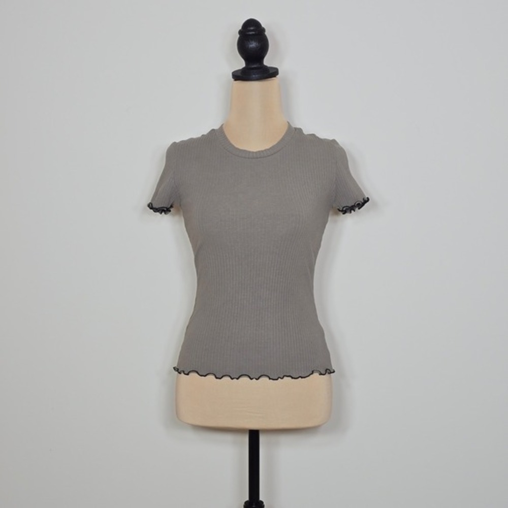 Who What Wear Ribbed Lettuce Edge Top Sage Green‎ Short Sleeve WFAL21T9 Small